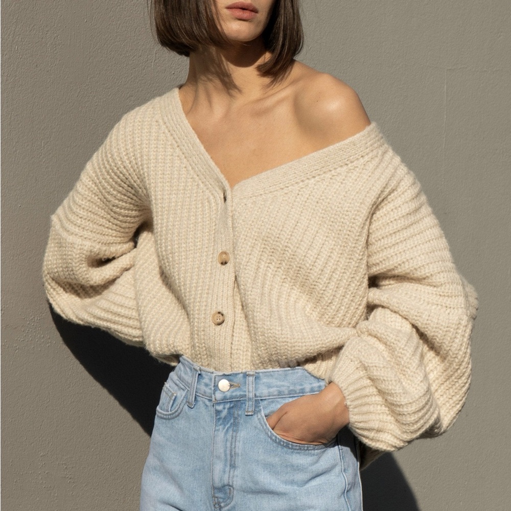 OAK + FORT Cream Ribbed Cardigan